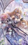  1girl :d architecture armor armored_boots armored_dress blonde_hair blue_eyes boots bouquet breasts building chains clouds commentary_request day fate/apocrypha fate/grand_order fate_(series) flag flagpole flower flower_request fur_trim gauntlets headpiece highres holding holding_bouquet holding_flower leaning_forward lily_(flower) long_hair looking_at_viewer medium_breasts mountain open_mouth outdoors pink_rose revision rose ruler_(fate/apocrypha) scenery sheath sky smile solo sword torino_akua weapon white_rose 