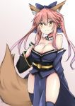  1girl animal_ears blue_legwear breasts cleavage collarbone detached_sleeves fate/extra fate/grand_order fate_(series) fox_ears fox_tail hair_ribbon hakuya_(white_night) highres japanese_clothes large_breasts looking_at_viewer pink_hair ribbon solo tail tamamo_(fate)_(all) tamamo_no_mae_(fate) yellow_eyes 