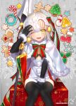  +_+ 1girl :3 artist_name bangs bell between_legs black_legwear blonde_hair blush bra candy candy_cane cookie eyebrows_visible_through_hair fate/grand_order fate_(series) food gift gingerbread_cookie gingerbread_man hand_between_legs headpiece jeanne_alter jeanne_alter_(santa_lily)_(fate) knees_together_feet_apart knees_touching lance looking_at_viewer mistletoe navel nekotawawa one_eye_closed open_mouth polearm ribbon ruler_(fate/apocrypha) short_hair sitting smile snowflakes solo thigh-highs thighs underwear weapon yellow_eyes 