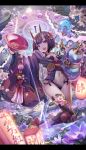  1girl ankle_ribbon architecture bangs bare_shoulders bell black_legwear blunt_bangs breasts cup east_asian_architecture fan fate_(series) flower gourd hair_flower hair_ornament highres horns japanese_clothes jingle_bell kimono kneeling lantern looking_at_viewer obi oni oni_horns open_mouth pouring purple_hair red_ribbon ribbon sakazuki sash short_hair shuten_douji_(fate/grand_order) small_breasts smile solo torino_akua violet_eyes 