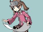  1girl adrian_ferrer brown_eyes brown_hair commentary hair_tie japanese_clothes kantai_collection kariginu magatama miniskirt open_mouth pleated_skirt ryuujou_(kantai_collection) scroll skirt solo twintails visor_cap 