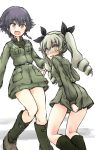  2girls :d absurdres anchovy anzio_military_uniform black_hair black_ribbon blush boots braid days135 drill_hair girls_und_panzer highres looking_at_viewer multiple_girls nose_blush open_mouth pepperoni_(girls_und_panzer) ribbon short_braid side_braid single_braid sketch skirt skirt_pull smile twintails wavy_mouth white_background yellow_eyes 