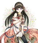  1girl :d atelier_(series) atelier_shallie bangs bare_shoulders bell black_legwear blunt_bangs blush brown_hair dress eyebrows_visible_through_hair floral_background hairband head_tilt highres holding long_hair looking_at_viewer open_mouth pantyhose puchi_kurage shallistera_(atelier) smile solo violet_eyes white_background 