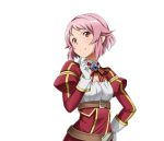  1girl belt breasts cleavage gloves hair_ornament hairclip hand_on_hip lisbeth_(sao-alo) looking_at_viewer medium_breasts neck_ribbon pink_hair red_eyes ribbon short_hair solo standing striped striped_ribbon sword_art_online transparent_background upper_body white_gloves 