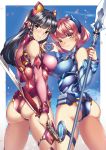  2girls absurdres ass back bare_shoulders black_hair blush braid breast_press breasts brown_eyes detached_sleeves headgear heart heart_hands heart_hands_duo highres holding holding_spear holding_sword holding_weapon leotard long_hair looking_at_viewer merufena multiple_girls pink_hair short_hair smile sword symmetrical_docking violet_eyes weapon 