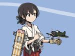  1girl adrian_ferrer aircraft airplane black_hair brown_eyes flight_deck folded_ponytail gloves hair_ribbon hakama_skirt kantai_collection kasuga_maru_(kantai_collection) pleated_skirt ribbon single_glove skirt solo 