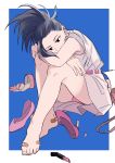  1girl absurdres armpit_peek bare_legs bare_shoulders barefoot black_hair blue_background boku_no_hero_academia dress feet full_body gwillarmy half-closed_eyes high_heels highres legs lipstick_tube panties pantyshot pantyshot_(sitting) pink_panties plaster ponytail sad shoes_removed short_sleeves simple_background sitting solo toes underwear yaoyorozu_momo 