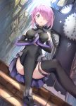 armor armored_dress black_dress black_legwear dress fate/grand_order fate_(series) gloves hair_over_one_eye hand_holding highres looking_at_viewer mosta pink_eyes pink_hair shield shielder_(fate/grand_order) short_hair sitting sky sleeveless stairs thigh-highs town 