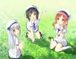  3girls :d arm_up ayataka black_hair blue_eyes blue_necktie bonnet brown_eyes brown_hair clover collarbone day fang from_above gochuumon_wa_usagi_desu_ka? hair_ornament hat jouga_maya kafuu_chino kneeling long_hair looking_at_viewer looking_back miniskirt multiple_girls natsu_megumi necktie open_mouth outdoors pleated_skirt shirt short_necktie short_sleeves silver_hair skirt smile socks twintails very_long_hair white_hat white_legwear white_shirt white_skirt 