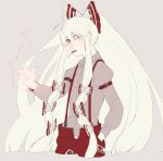  1girl bow cigarette fire fujiwara_no_mokou hair_bow hair_ribbon hand_in_pocket highres long_hair long_sleeves looking_at_viewer namataro ofuda pants red_eyes ribbon shirt smoke smoking solo standing suspenders touhou very_long_hair white_hair 