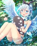  +_+ 1girl angel_wings ass black_ribbon blue_eyes blush board bracelet cross embarrassed eyebrows_visible_through_hair falkyrie_no_monshou hairband jewelry looking_at_viewer natsumekinoko official_art open_mouth partially_submerged ribbon short_hair silver_hair solo sweatdrop swimsuit wings 