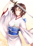  1girl arm_up bangs brown_eyes brown_hair closed_mouth cowboy_shot hair_between_eyes holding holding_sword holding_weapon japanese_clothes kara_no_kyoukai katana kimono looking_at_viewer obi orii_(orii_i) ryougi_shiki sash short_hair smile solo sword weapon white_kimono 