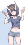  1girl absurdres bangs blunt_bangs casual fate/grand_order fate_(series) highres ildy looking_to_the_side midriff navel oni oni_horns purple_hair short_hair short_sleeves shorts shuten_douji_(fate/grand_order) smile solo violet_eyes 