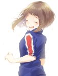  1girl ^_^ back blush blush_stickers boku_no_hero_academia closed_eyes eyebrows happy highres jacket looking_at_viewer looking_back open_mouth positive_bbt short_hair simple_background sleeves_rolled_up smile solo teeth track_jacket upper_body uraraka_ochako white_background 