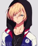  1boy aqua_eyes blonde_hair closed_mouth collarbone frown fujikiri_yana grey_background hood hood_up hoodie jacket looking_at_viewer male_focus open_clothes open_jacket open_track_jacket simple_background solo track_jacket yuri!!!_on_ice yuri_plisetsky 