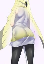  1girl ass bare_shoulders blonde_hair dress from_behind hair_ornament heart highres leggings long_hair lusamine_(pokemon) mature milf multicolored multicolored_clothes multicolored_legwear pokemon pokemon_(game) pokemon_sm shiroinuchikusyo simple_background sleeveless sleeveless_dress solo standing very_long_hair white_dress x-ray 