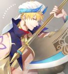  1boy artist_name axe bangs blonde_hair earrings fate/grand_order fate_(series) gilgamesh gilgamesh_(caster)_(fate) grin holding_axe jewelry looking_at_viewer male_focus open_clothes open_vest orii_(orii_i) parted_lips red_eyes signature smile solo turban vest weapon 