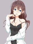  1girl :3 ahoge blue_eyes breasts brown_hair cleavage earrings finger_to_mouth grey_background head_tilt highres ichinose_shiki idolmaster idolmaster_cinderella_girls ikkoku24 jewelry labcoat large_breasts light_blush long_hair off_shoulder simple_background solo spaghetti_strap strap_slip wavy_hair 