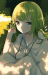  1boy androgynous bird blue_eyes enkidu_(fate/strange_fake) fate/strange_fake fate_(series) green_hair highres long_hair munuko musical_note smile 