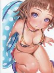  1girl absurdres arm_support bangs bikini blue_eyes blush breasts brown_hair cleavage closed_mouth highres innertube jewelry lips looking_at_viewer medium_breasts murata_renji navel necklace original sandals scan shiny shiny_skin short_hair simple_background skindentation solo striped striped_bikini swimsuit white_background 