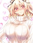  1girl blonde_hair blush commentary_request earrings eyebrows_visible_through_hair hair_between_eyes hair_ribbon heart heart-shaped_pupils heart_background jewelry looking_at_viewer moltena_(sennen_sensou_aigis) red_eyes ribbed_sweater ribbon sennen_sensou_aigis short_hair silve smile solo sweater symbol-shaped_pupils turtleneck upper_body wavy_hair white_sweater 