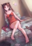  1girl babydoll bangs bare_legs barefoot bed black_ribbon blue_eyes blush bra bra_removed brown_hair camisole commentary_request dutch_angle fate/stay_night fate_(series) feet full_body hair_ribbon head_tilt highres indoors jay_xu legs long_hair long_legs looking_at_viewer nightgown on_bed open_mouth paper plaid revision ribbon shirt_removed signature sitting skirt skirt_removed sleepwear solo strap_slip thighhighs_removed tohsaka_rin triangle_mouth two_side_up underwear window 