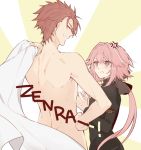  2boys cape citron_82 fate/apocrypha fate_(series) long_hair male_focus multiple_boys nude open_mouth pink_hair rider_of_black smile trap violet_eyes 