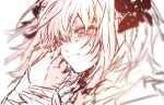  1boy bangs blurry citron_82 closed_mouth depth_of_field fate/apocrypha fate_(series) floating_hair long_hair male_focus out_of_frame pink_hair rider_of_black sketch smile solo tears trap violet_eyes wiping_tears 