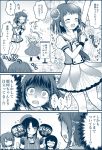  6+girls ^_^ ^o^ ahoge atago_(kantai_collection) beret blush choukai_(kantai_collection) closed_eyes comic double_bun gloves hat holding holding_microphone ikazuchi_(kantai_collection) inazuma_(kantai_collection) kantai_collection long_hair maya_(kantai_collection) microphone migu_(migmig) military military_uniform monochrome multiple_girls naka_(kantai_collection) necktie puffy_short_sleeves puffy_sleeves sailor_collar school_uniform serafuku short_hair short_sleeves skirt smile speech_bubble takao_(kantai_collection) teeth thigh-highs translated uniform younger 