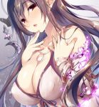  1girl :o bandage bandaged_arm bangs bare_shoulders black_ribbon blush breasts brown_hair chiyingzai cleavage collarbone crescent danua doraf dress eyebrows_visible_through_hair finger_to_chin glowing granblue_fantasy grey_background hair_between_eyes hand_on_own_chest horn_ornament horns jewelry large_breasts long_hair looking_at_viewer nail_polish necklace open_mouth pendant pink_nails pointy_ears red_eyes ribbon simple_background sleeveless sleeveless_dress solo upper_body very_long_hair white_dress 