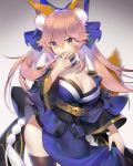  1girl animal_ears balusah blue_legwear breasts cleavage detached_sleeves fate/extra fate/extra_ccc fate/grand_order fate_(series) fox_ears fox_tail hair_ribbon japanese_clothes large_breasts looking_at_viewer pink_hair ribbon solo tail tamamo_(fate)_(all) tamamo_no_mae_(fate) yellow_eyes 