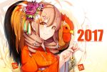  2017 animal artist_name bangs bell bird chicken commentary_request drill_hair ema eyebrows_visible_through_hair flower hair_between_eyes hair_flower hair_ornament hairclip holding japanese_clothes jingle_bell kanzashi kimono light_brown_hair looking_at_viewer meth_(emethmeth) nengajou new_year obi orange_eyes orange_kimono original purple_hair revision rooster sash signature smile upper_body white_flower year_of_the_rooster 
