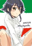  1girl 2017 blush braid brown_eyes dated dress_shirt eyebrows_visible_through_hair girls_und_panzer hair_between_eyes highres italian_flag ken_hayasaka looking_at_viewer naked_shirt pepperoni_(girls_und_panzer) shirt short_braid side_braid single_braid sketch solo twitter_username 