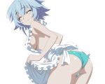  1girl absurdres apron aqua_panties ass blue_hair breasts closed_eyes cowboy_shot erect_nipples eyebrows_visible_through_hair head_tilt highres infinite_stratos leaning_forward long_hair medium_breasts naked_apron official_art panties sarashiki_tatenashi shiny shiny_clothes shiny_skin side_ponytail simple_background smile solo underwear vector_trace white_apron white_background 