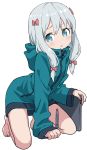  1girl :o aqua_jacket bangs bare_legs barefoot blue_eyes bow eromanga_sensei full_body hair_bow highres holding hood hood_down hooded_track_jacket izumi_sagiri jacket kneeling legs_apart looking_at_viewer no_pants parted_lips red_bow short_hair_with_long_locks silver_hair simple_background solo stylus tablet tareme track_jacket white_background yamamoto_souichirou zipper 