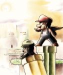  cape facial_hair gloves hat highres luigi mario mustache nintendo overalls pipe siblings super_mario_bros. 