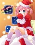  bell blue_eyes blush boots christmas hair_bell hair_ornament hat kneehighs komone_ushio mittens pink_hair santa_costume santa_hat sitting socks stocking_cap twintails 