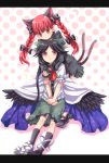  animal_ears black_hair braid cape cat_ears cat_tail heart highres hug hug_from_behind kaenbyou_rin letterboxed long_hair multiple_tails neme red_eyes red_hair redhead reiuji_utsuho ribbon ribbons spoken_heart tail touhou twin_braids twintails wings 