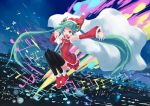  aqua_hair bell cityscape detached_sleeves hatsune_miku isou_nagi long_hair musical_note musical_notes necktie night sack santa_costume skirt sky thigh-highs thighhighs twintails very_long_hair vocaloid wink 