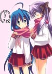  2girls ahoge akane_souichi hiiragi_kagami izumi_konata lucky_star multiple_girls scarf school_uniform serafuku shared_scarf skirt 