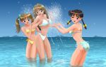  bad_id beach bikini blue_eyes braid brown_eyes brown_hair long_hair multiple_girls shoushou splash swimsuit twin_braids twintails wading water wink 