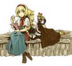  bad_id blonde_hair blue_eyes boots braid charin doll dolls hairband kirisame_marisa lowres sewing shanghai_doll sleeping touhou 