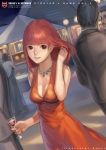  bad_id bare_shoulders breasts brown_eyes cleavage cup cups dress dutch_angle face hair_flip jewelry krenz long_hair necklace original party party_dress red_hair redhead smile wine wine_glass 