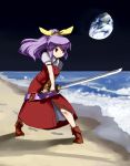  belt earth hair_ribbon highres hirosato ocean ponytail purple_hair ribbon sword touhou watatsuki_no_yorihime water weapon 