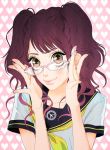  brown_eyes enii eyelashes fingernails glasses heart kujikawa_rise lipstick nails persona persona_4 pink-framed_glasses pink_hair red_hair redhead school_uniform serafuku twintails 