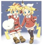  1boy 1girl :d aqua_eyes bad_id blonde_hair boots brother_and_sister cosplay costume hair_ornament hairclip hand_holding hat holding_hands kagamine_len kagamine_rin maruki_(punchiki) open_mouth pikachu pikachu_(cosplay) pokemon sack santa_costume santa_hat short_hair siblings smile snow stocking_cap tail thighhighs vocaloid 