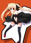  bare_shoulders blonde_hair dress fate_testarossa long_hair mahou_shoujo_lyrical_nanoha thigh-highs thighhighs twintails wind_lift yuurakudou_kurono 