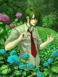  buttons dress_shirt flower green green_hair kunimura_hakushi necktie red_eyes shadow shirt wand 