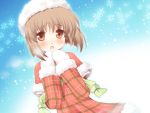  blush brown_eyes brown_hair hagiwara_yukiho hat idolmaster komi_zumiko mittens short_hair solo 