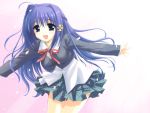  blue_hair leaning_forward long_hair outstretched_arms school_uniform spread_arms 